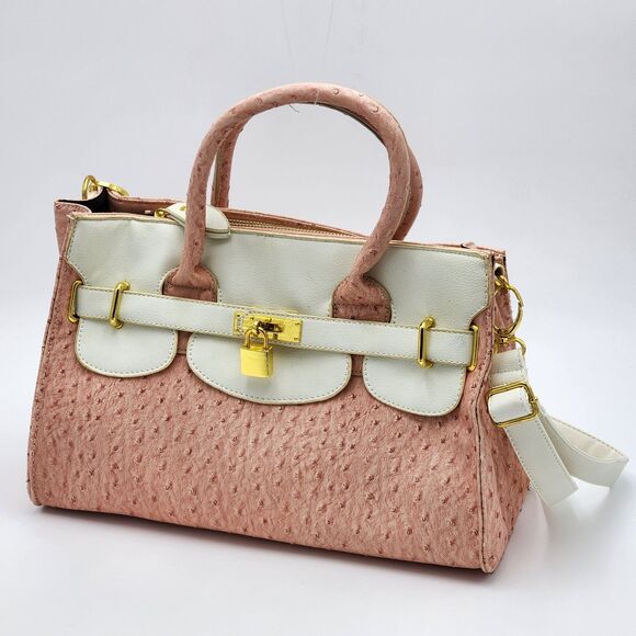 Nillie Pink Embossed Faux Leather Lock Satchel Tote Bag - Picture 1 of 13